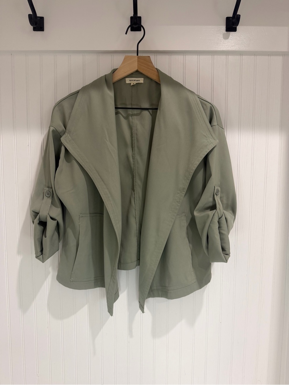 Max Studio Sage Green Draped Jacket Roll Tab Sleeves Small